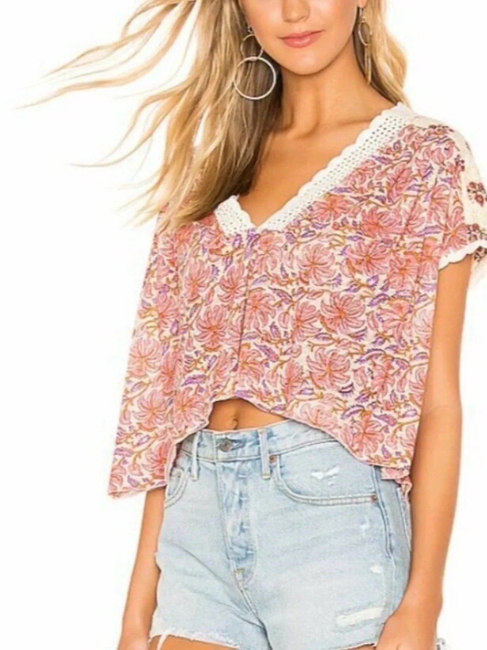Free People Pink Floral Crochet-Trim V-Neck Crop Top